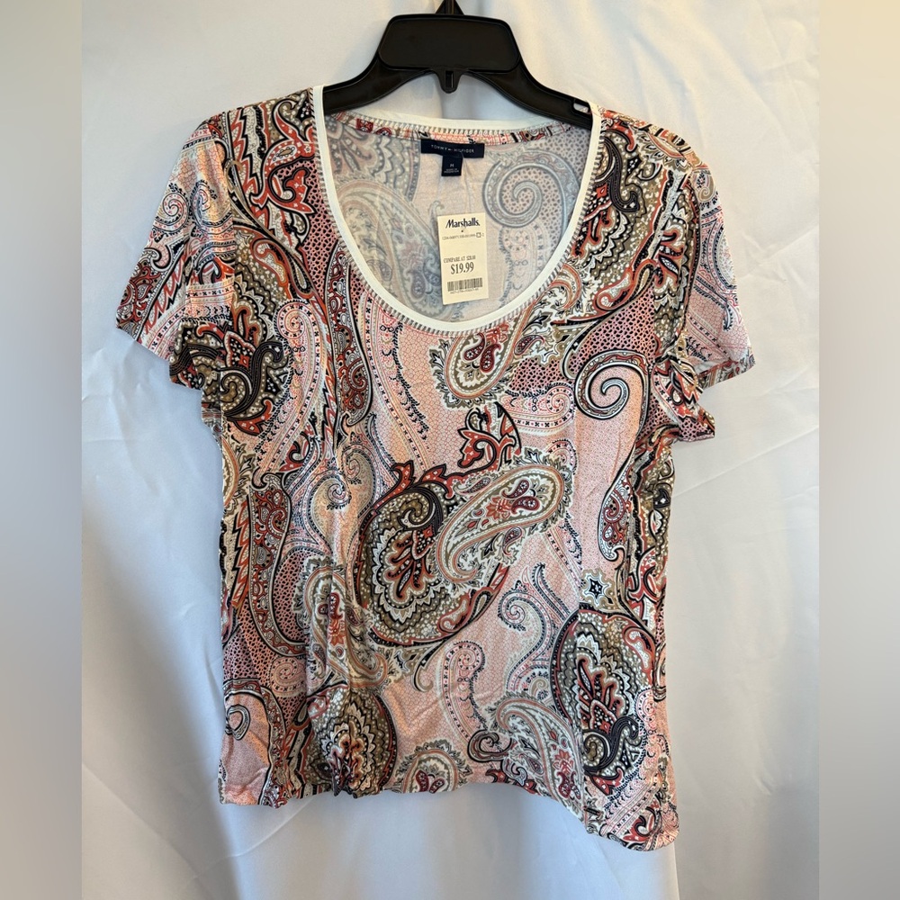 Tommy Hilfiger Paisley Short Sleeve Top - Pink and Black